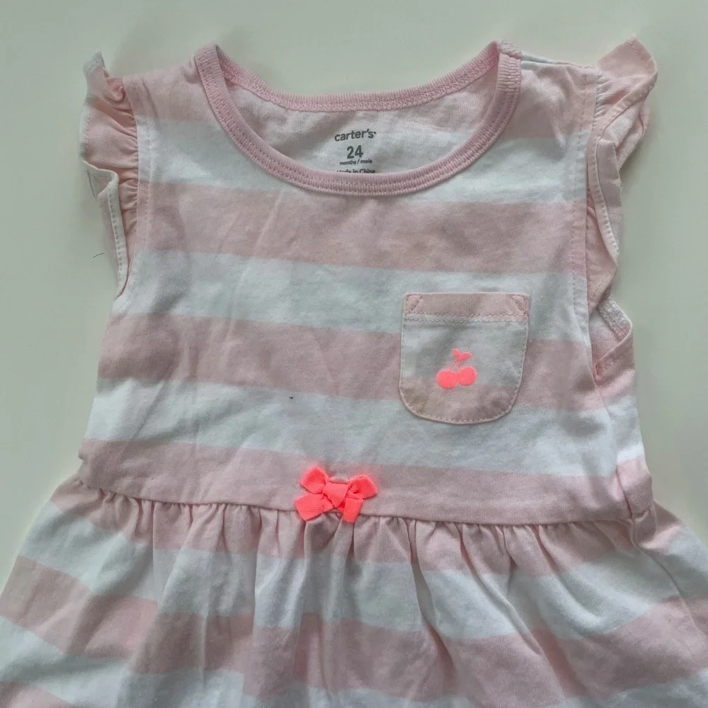 Carter's Baby Girl Pink White Striped Ruffle Sleeve Preppy Dress Size 24 Months